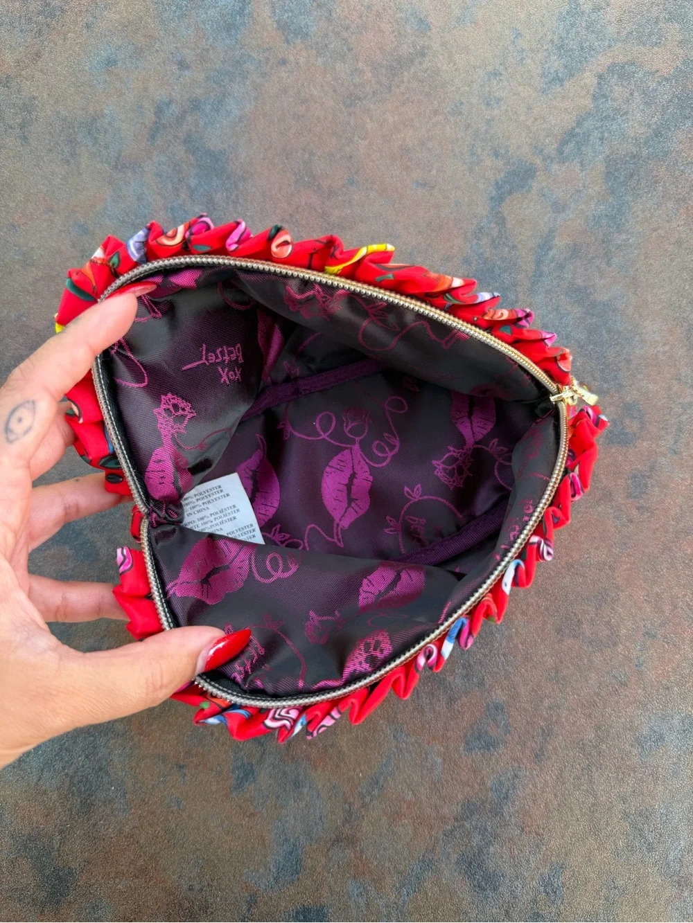Betsey Johnson Red Cosmetics Pouch With Heart Gem Zipper